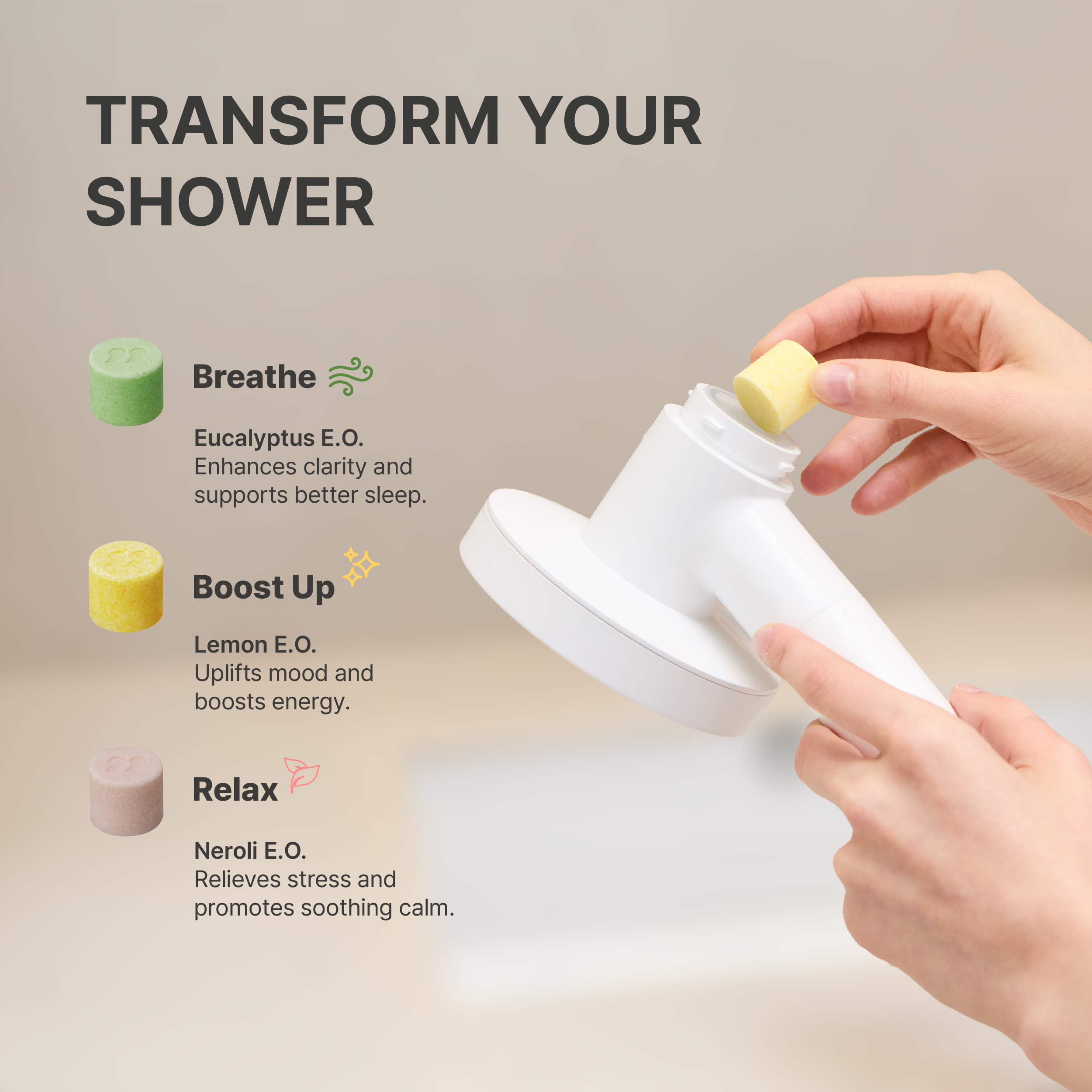 Showcase of SecondShower aroma infusers with natural essential oils, enhancing a luxurious, spa-like shower routine.