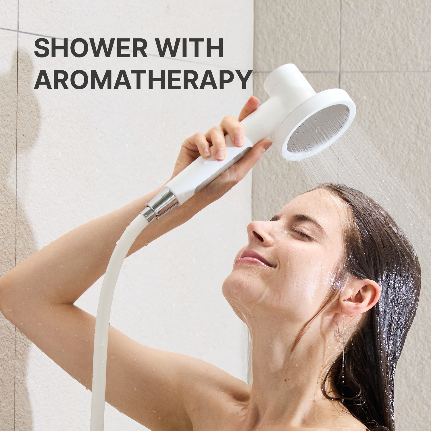 Model enjoying the SecondShower aromatherapy infuser, creating a Korean spa-inspired shower that’s both eco-friendly and luxurious.