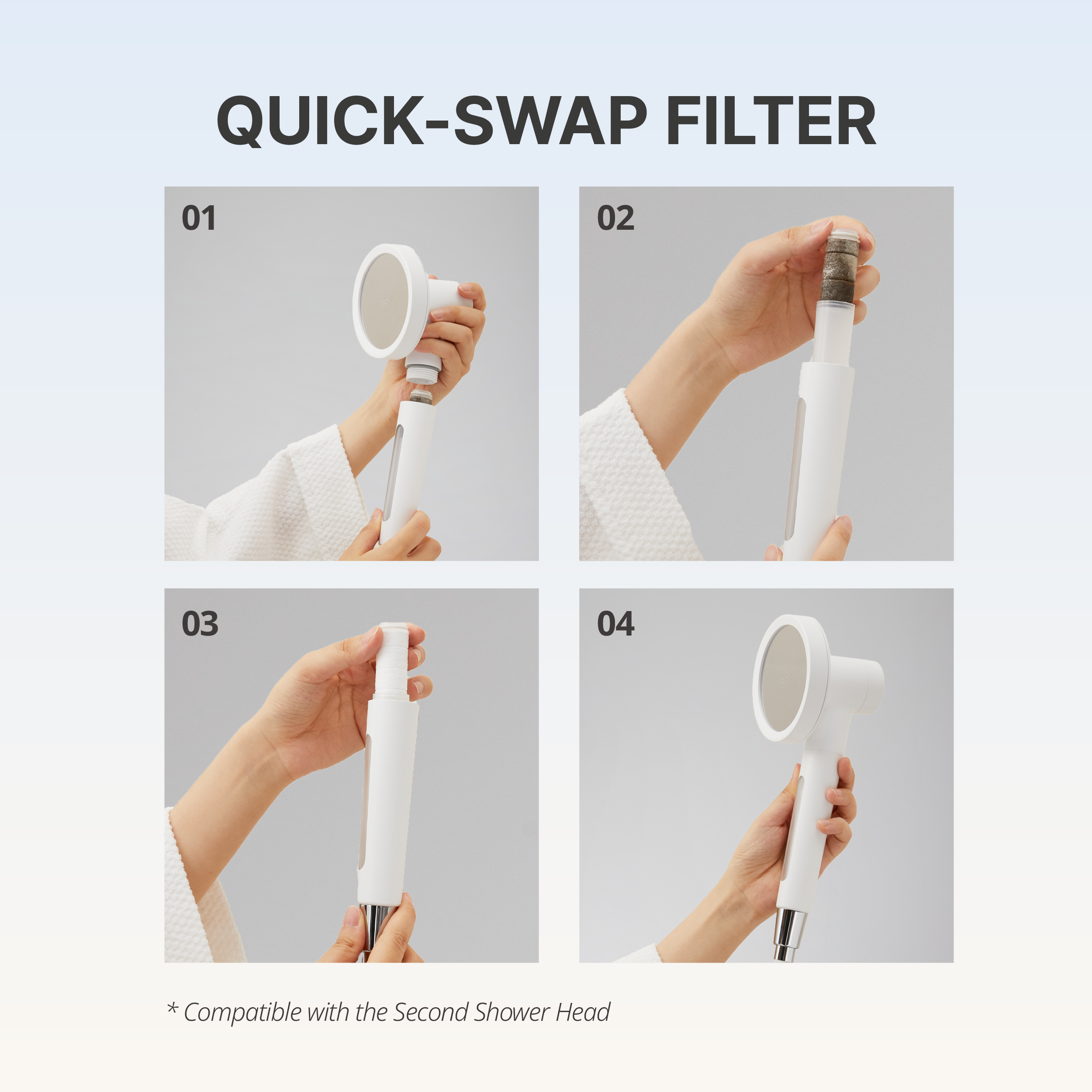 Demonstration of SecondShower’s quick, one-touch replacement filter system for hassle-free, continuous water-saving filtration.