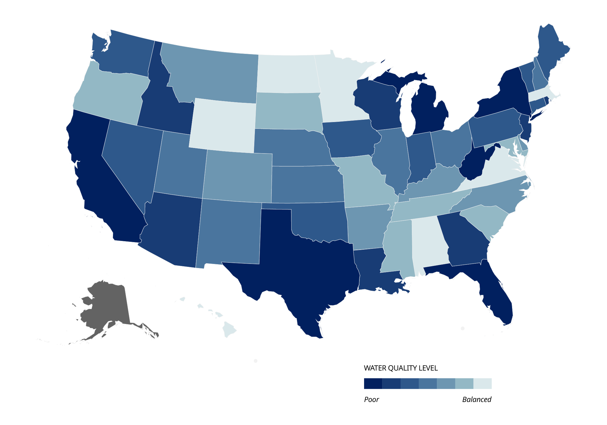 Water quality index map of the United States by region